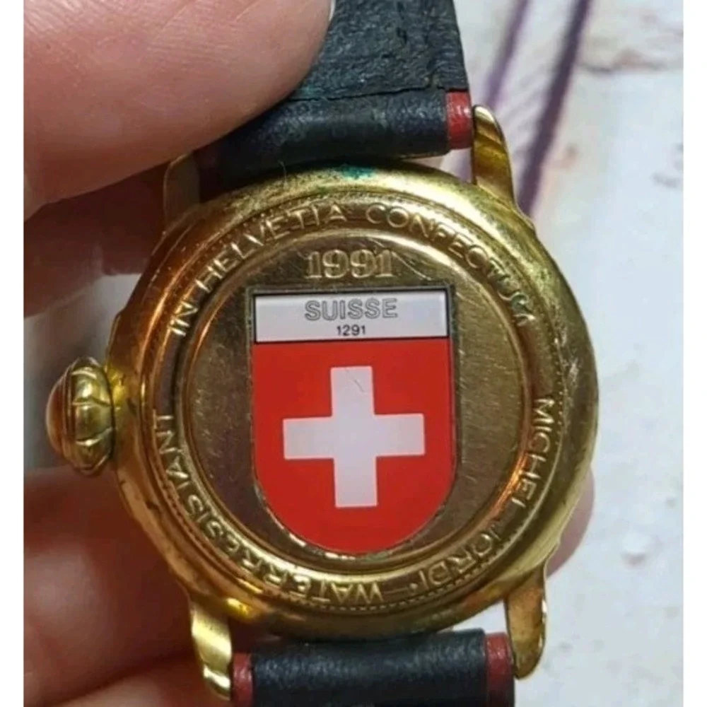 Michel‎ Jordi Vintage 1991 Swiss Made Gold Plated Wrist Watch Genuine Leather